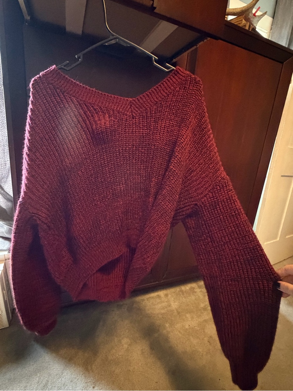 SHEIN Deep Wine Red Chunky V-Neck Sweater